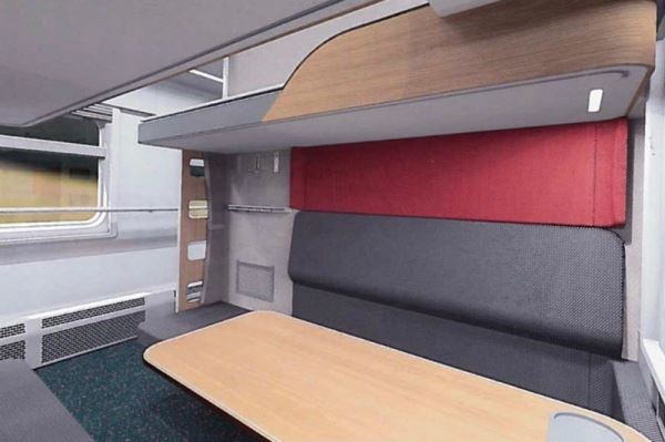 Концепт нового платцкартного вагона с удлиненными спальными местами и без боковых полок.